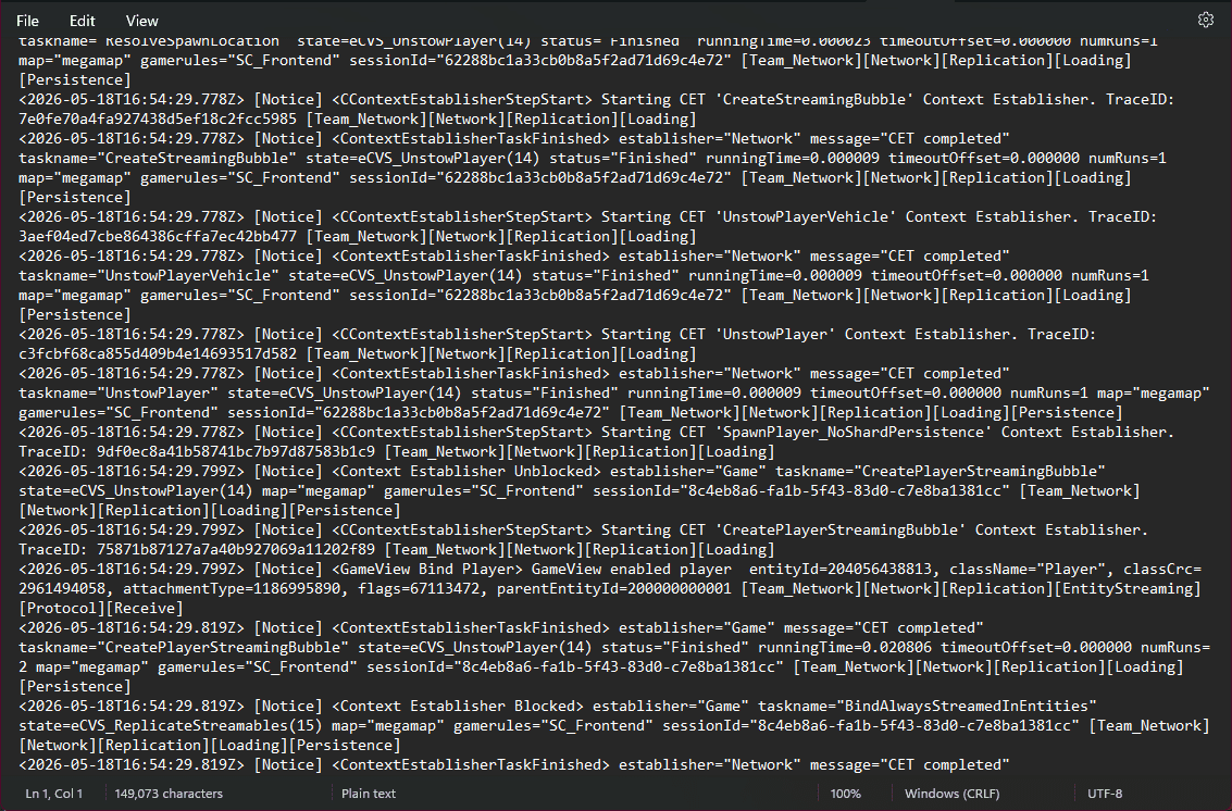A real excerpt of a Star Citizen Game.log file open in a plain text editor. Dense lines of timestamps, engine subsystem tags, JSON-like payloads, and trace IDs — what the game writes about itself before StarStats parses it.